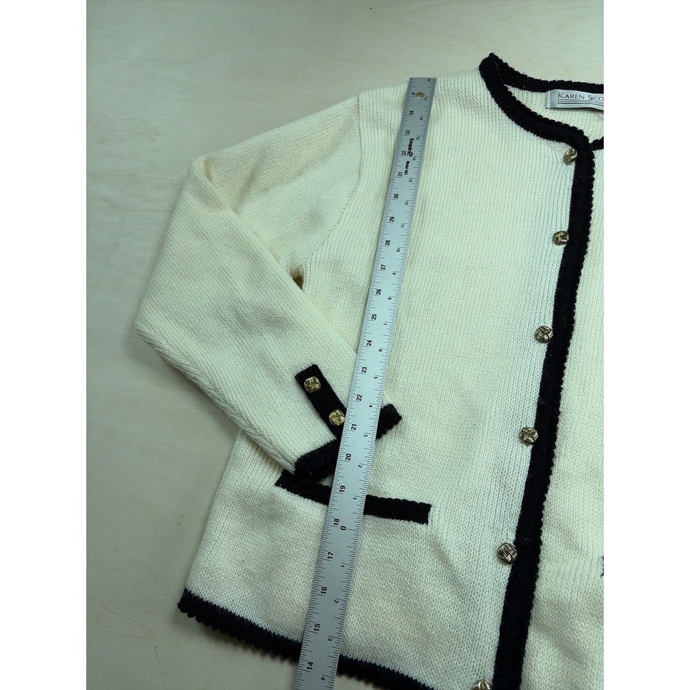 Karen Scott Vintage Cream Black Contrast Trim Wool Blend Knit Cardigan Small - Picture 4 of 9